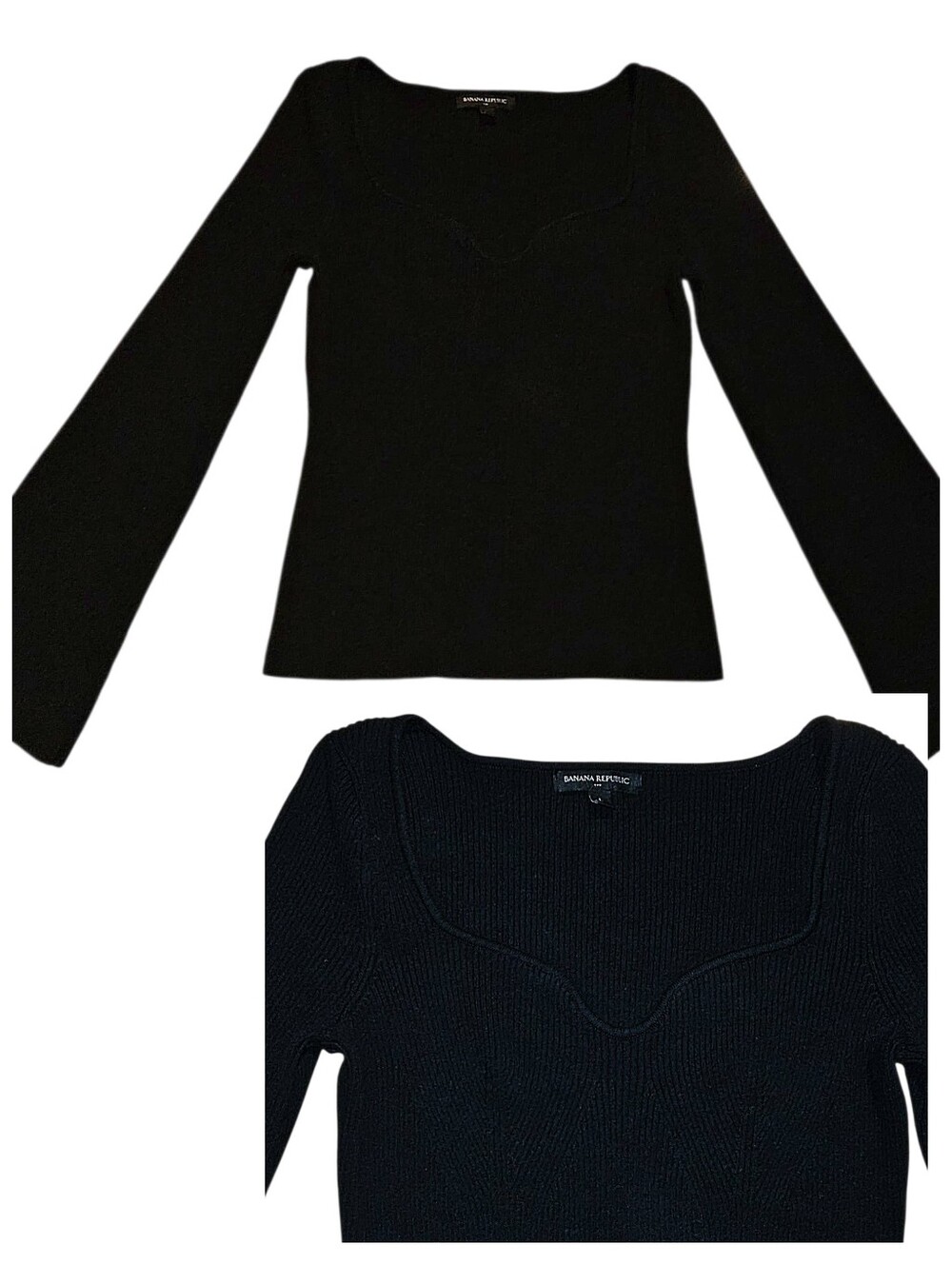 Banana Republic Black Long Bell Sleeve Scalloped Neckline Ribbed Knit Sweater L